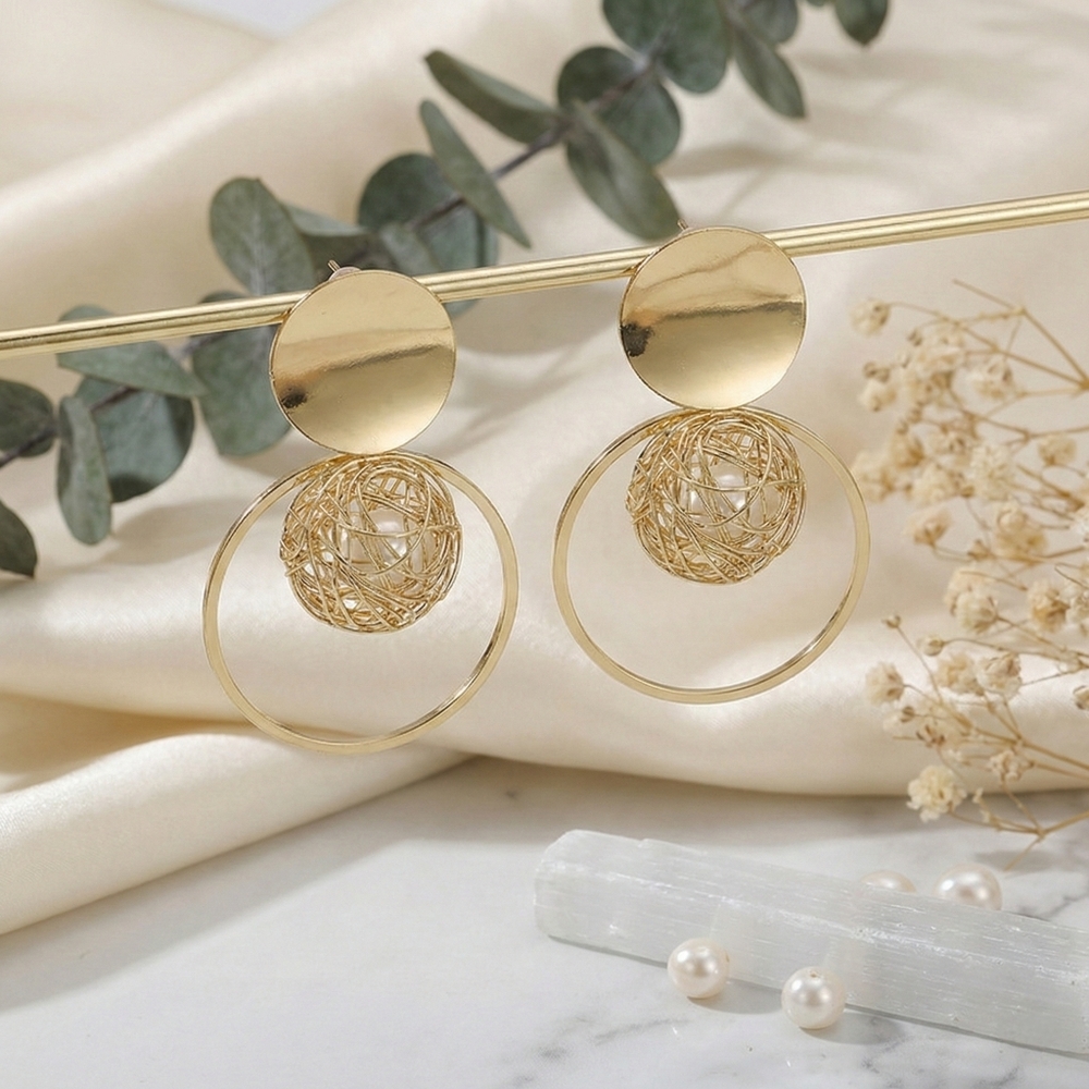 Gold Plated Wire Mesh Faux Pearl Sphere Statement Drop Earrings Geometric Chic - Picture 11 of 15